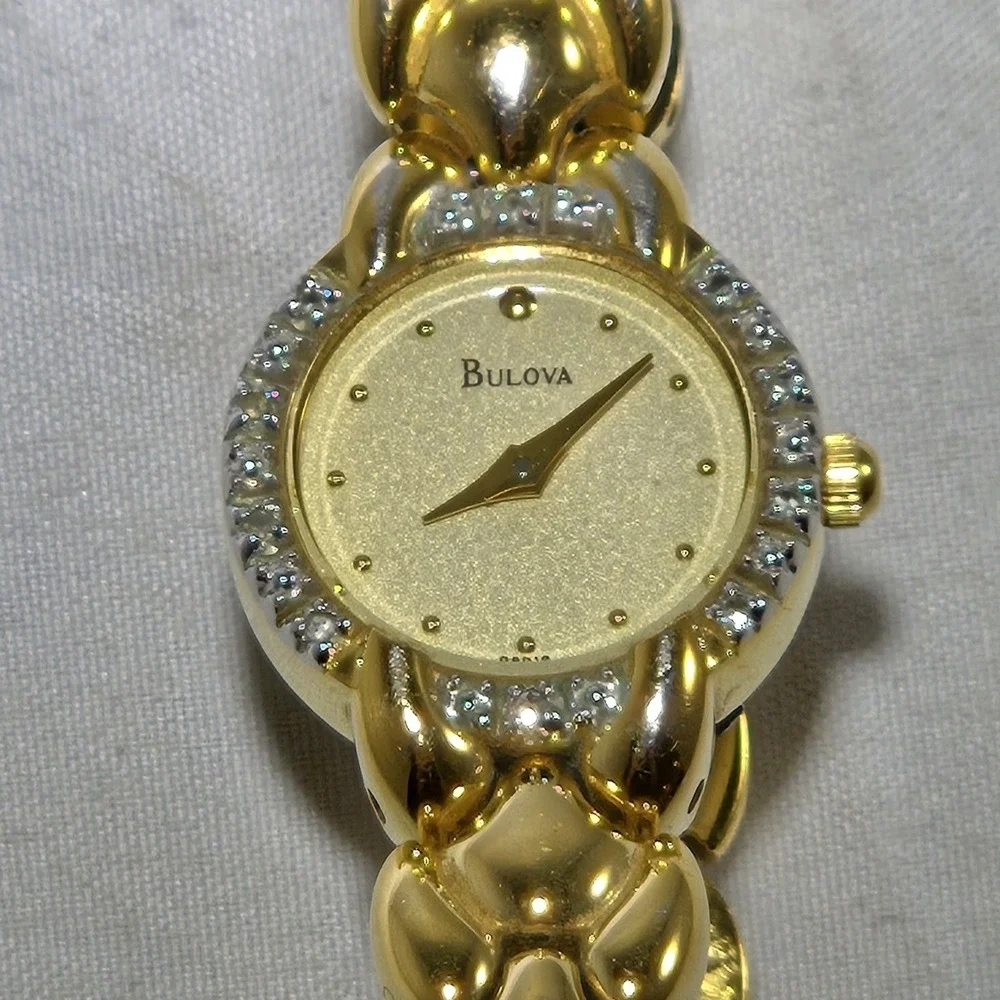 Bulova Women 98R18 Luxury Diamond Bezel Gold Tone Quartz Watch 5.5